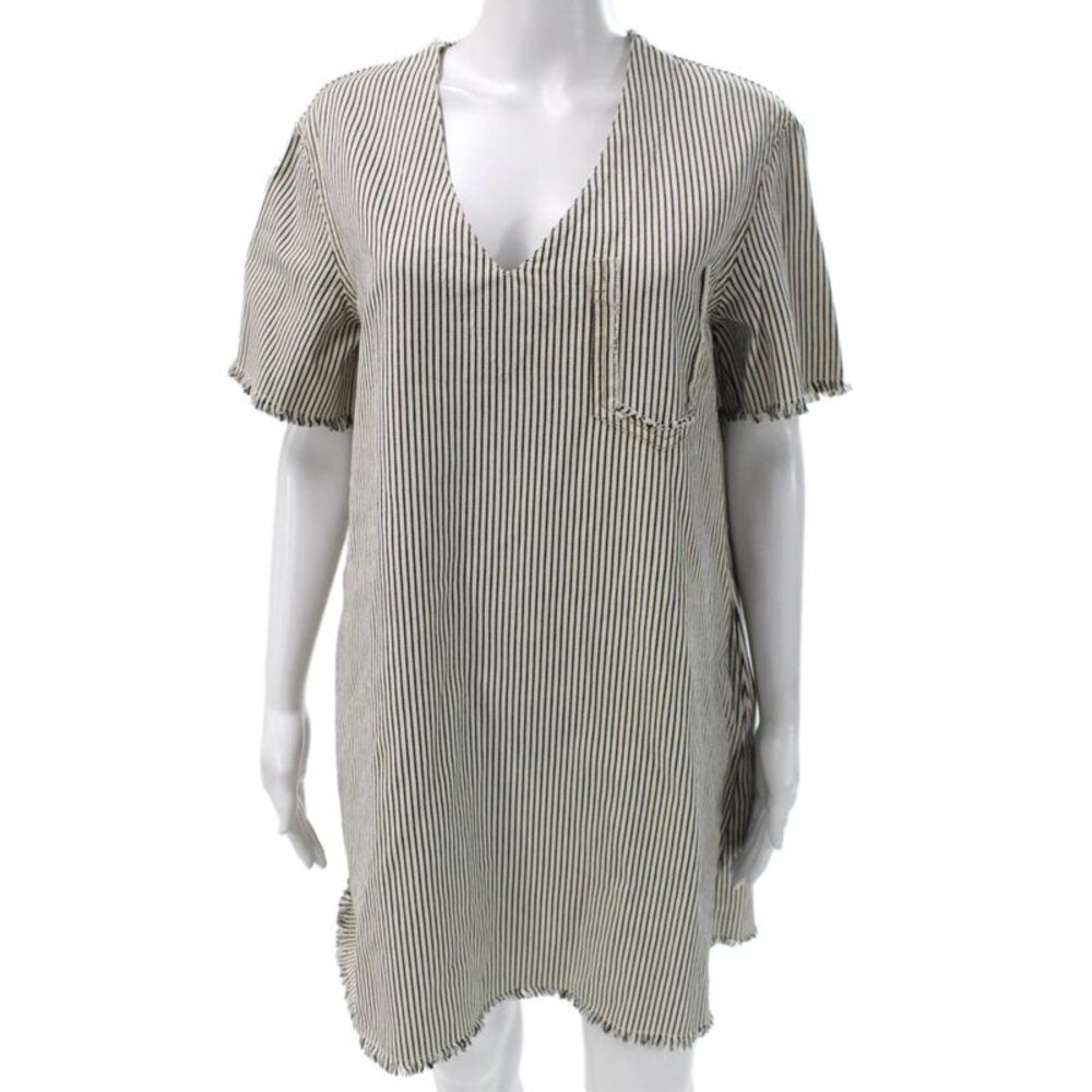 T Alexander Wang Women White Striped V Neck Short Sleeve T Shirt Dress Size 10